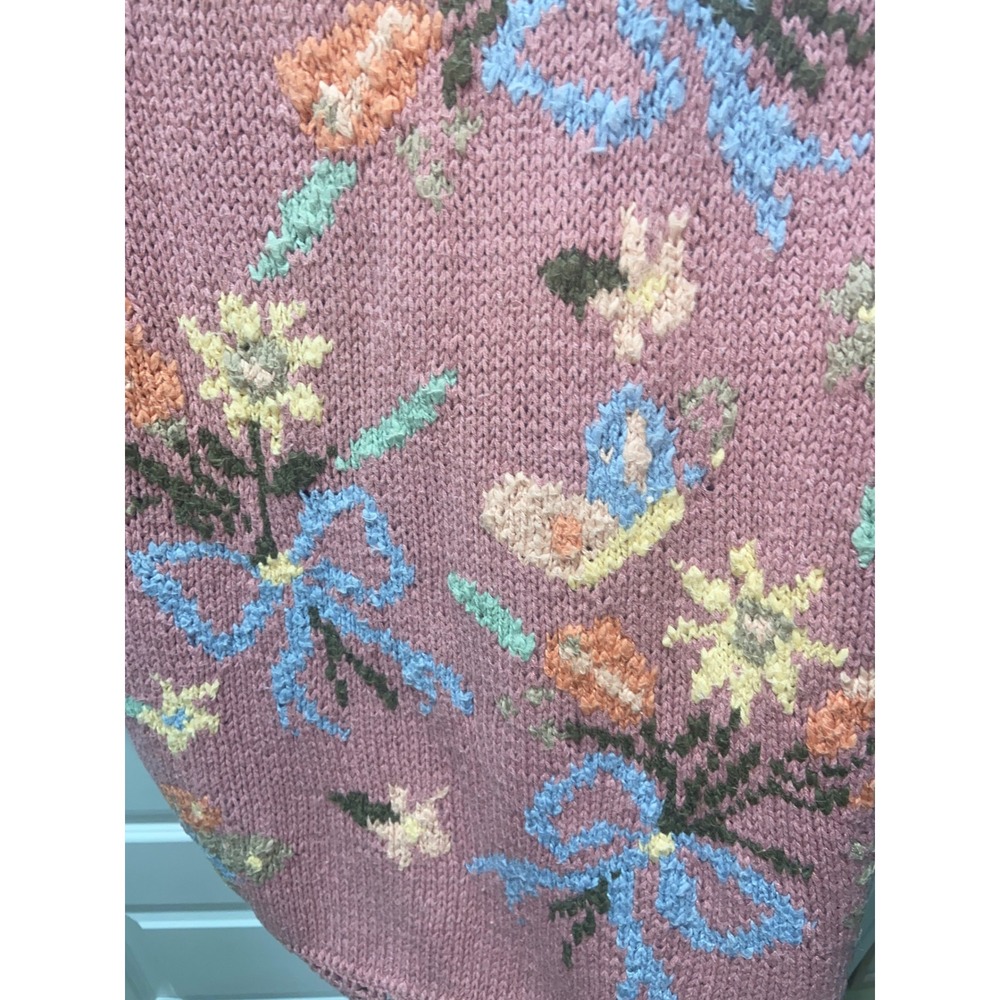 Melbourne Elements Hand Knit Floral Sweater Pink Crochet Trim Ramie Cotton Small - Picture 3 of 6